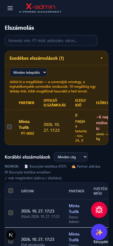 X-admin mobilon — elszámolás